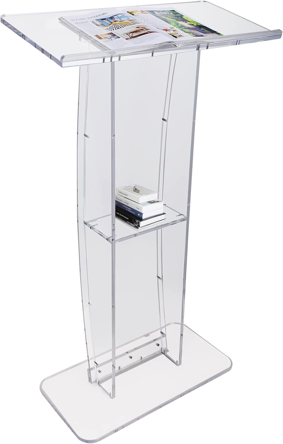 Acrylic Podium, 47" Tall, Clear Acrylic Podium Stand with Wide Reading Surface & Storage Shelf, Floor-Standing Clear Pulpits Acrylic for Church Office School