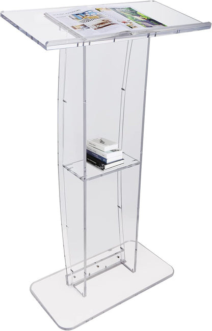 Acrylic Podium, 47" Tall, Clear Acrylic Podium Stand with Wide Reading Surface & Storage Shelf, Floor-Standing Clear Pulpits Acrylic for Church Office School