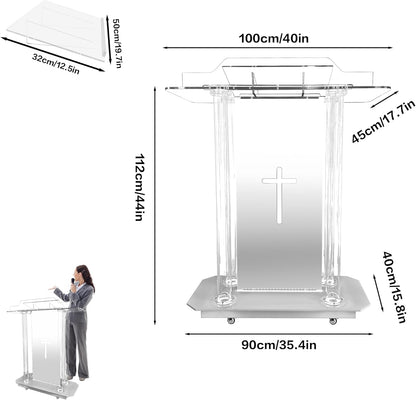 Church Pulpit with Wheels,Church Podium with Led Light,Acrylic Church Podium with Rollers& Vertical Reading Platform, 46”Elegant Transparent Lecterns for Churches Entrance, Classroom (39.4”L*15.7”W *45.7”H)