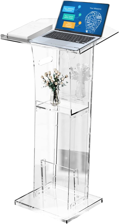Acrylic Clear Podium Stand with Storage Shelf,Plexiglass Pulpits for Churches,Conference,Speeches,Weddings,Classroom,Professional Presentation Podiums (23.6" L X 17.7" W X 43" H, Transparent)