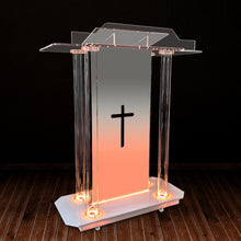 Load image into Gallery viewer, Church Pulpit with Wheels,Church Podium with Led Light,Acrylic Church Podium with Rollers&amp; Vertical Reading Platform, 46”Elegant Transparent Lecterns for Churches Entrance, Classroom (39.4”L*15.7”W *45.7”H)
