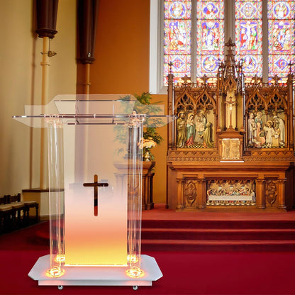 Church Pulpit with Wheels,Church Podium with Led Light,Acrylic Church Podium with Rollers& Vertical Reading Platform, 46”Elegant Transparent Lecterns for Churches Entrance, Classroom (39.4”L*15.7”W *45.7”H)