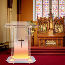 Load image into Gallery viewer, Church Pulpit with Wheels,Church Podium with Led Light,Acrylic Church Podium with Rollers&amp; Vertical Reading Platform, 46”Elegant Transparent Lecterns for Churches Entrance, Classroom (39.4”L*15.7”W *45.7”H)
