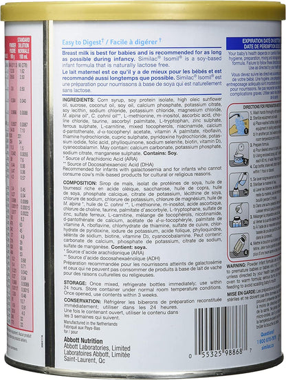 Similac Isomil with DHA Non-GMO Baby Formula, Powder, Lactose-Free, 800 g, 0+ Months