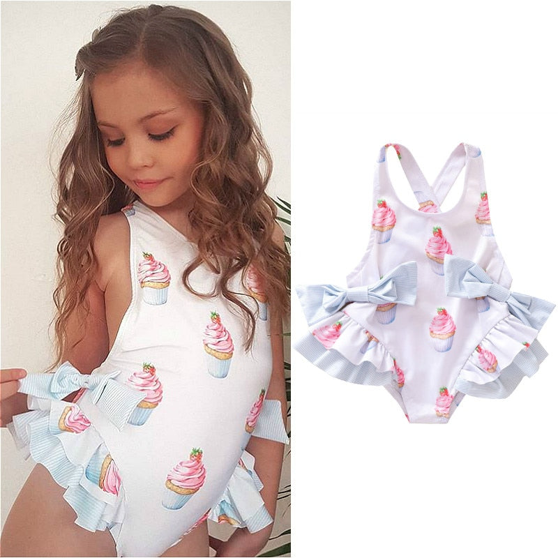 0-5Y Kids Baby Girls Swimsuits 2021 Summer Ruffle Bikini Children Swimwear Cake Printed Backless Girls Beachwear