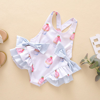 0-5Y Kids Baby Girls Swimsuits 2021 Summer Ruffle Bikini Children Swimwear Cake Printed Backless Girls Beachwear