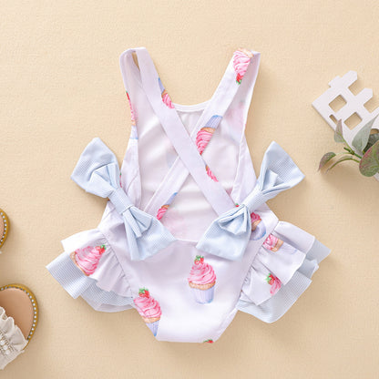 0-5Y Kids Baby Girls Swimsuits 2021 Summer Ruffle Bikini Children Swimwear Cake Printed Backless Girls Beachwear