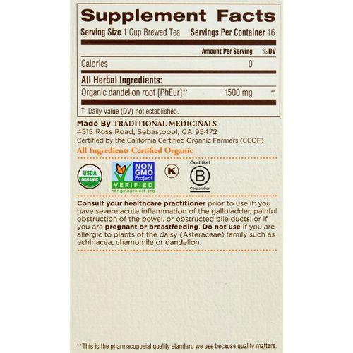 Traditional Medicinals Organic Roasted Dandelion Root Herbal Tea - 16 Tea Bags - Case of 6