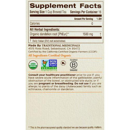 Traditional Medicinals Organic Roasted Dandelion Root Herbal Tea - 16 Tea Bags - Case of 6