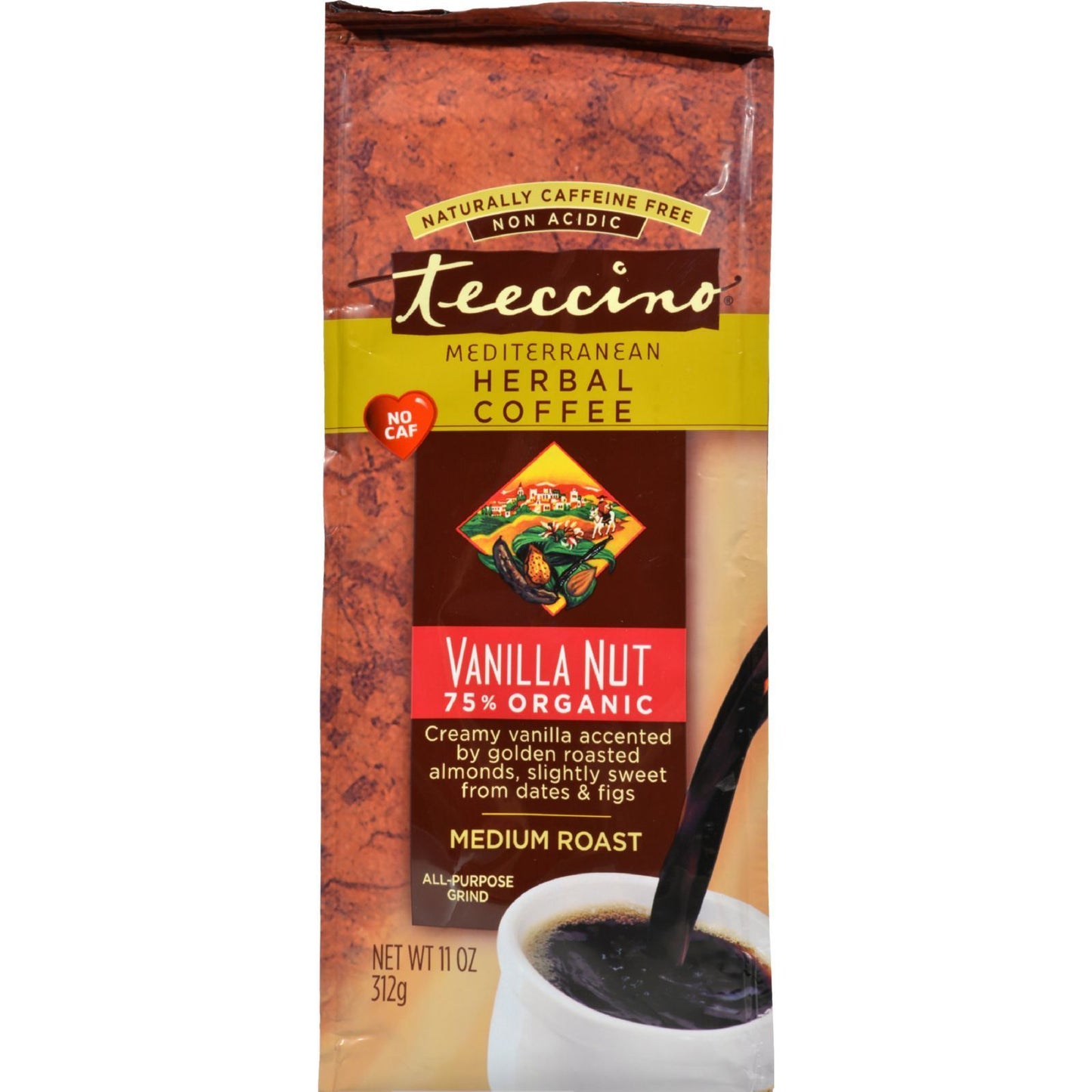 Teeccino Mediterranean Herbal Coffee - Medium Roast - Caffeine Free - Vanilla Nut - 11 oz