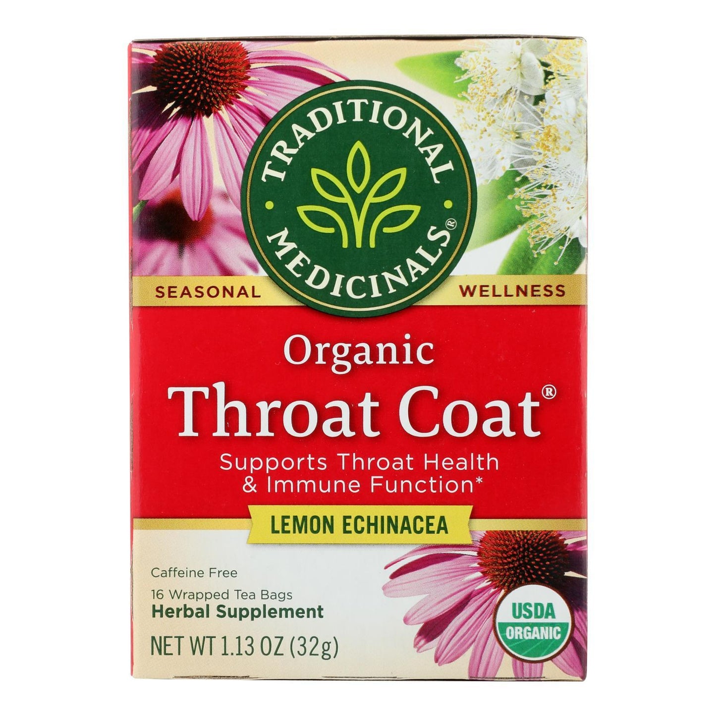 Traditional Medicinals Organic Throat Coat Lemon Echinacea Herbal Tea - Caffeine Free - 16 Bags