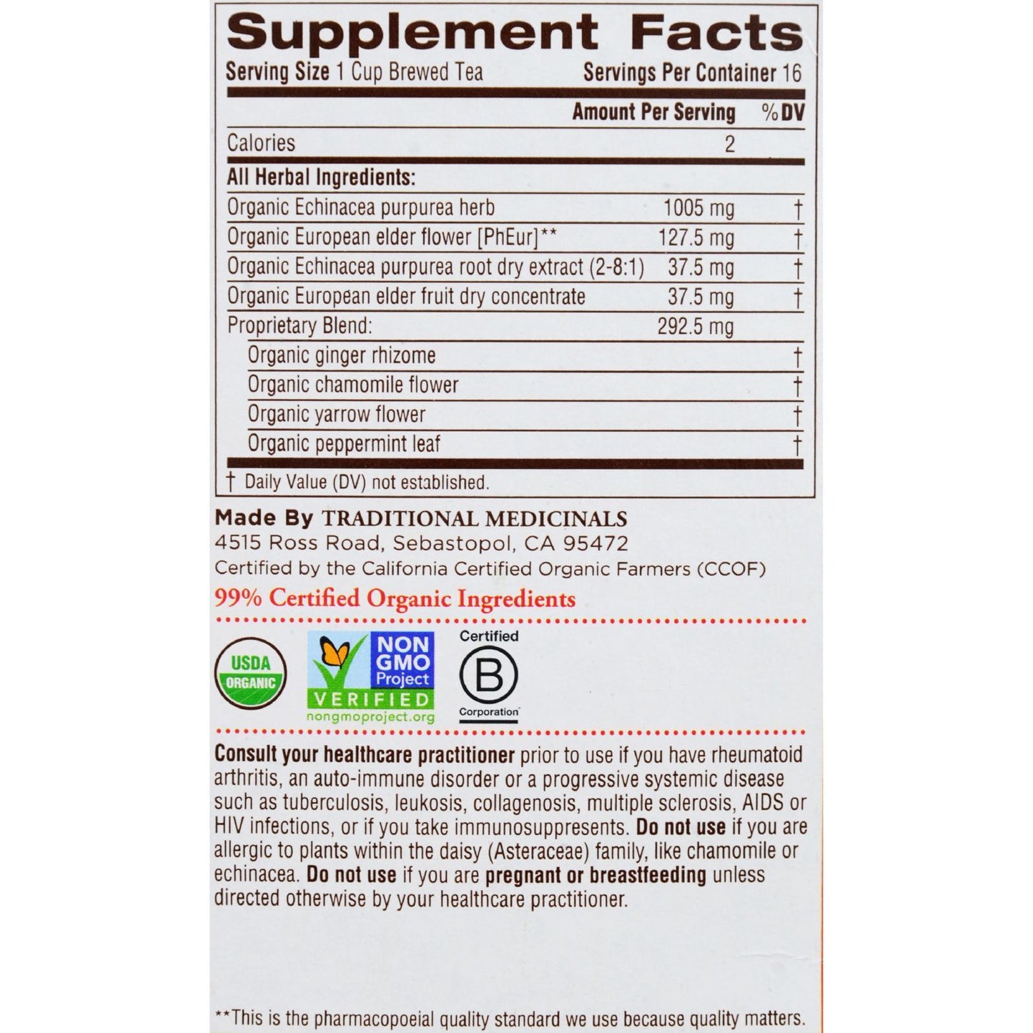 Traditional Medicinals Organic Echinacea Elder Herbal Tea - 16 Tea Bags