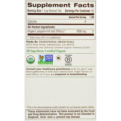 Traditional Medicinals Organic Peppermint Herbal Tea - Caffeine Free - Case of 6 - 16 Bags