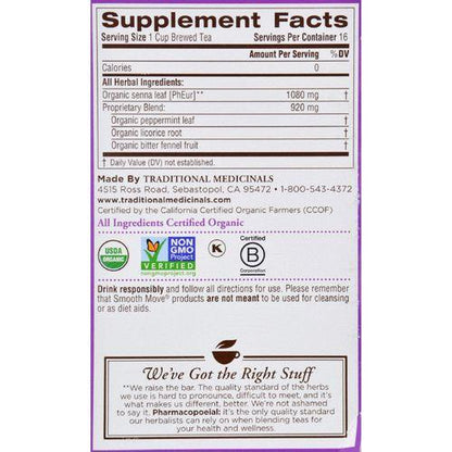 Traditional Medicinals Organic Smooth Move Peppermint Herbal Tea - 16 Tea Bags - Case of 6