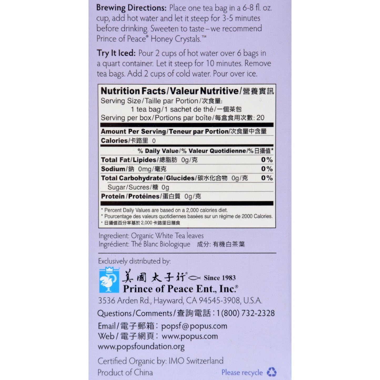 Prince of Peace Organic Premium Peony White Tea - 20 Tea Bags