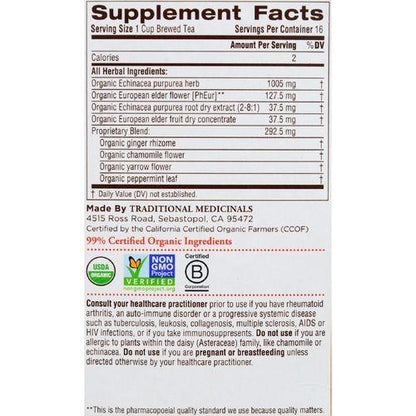 Traditional Medicinals Organic Echinacea Elder Tea -Caffeine Free - Case of 6 - 16 Bags