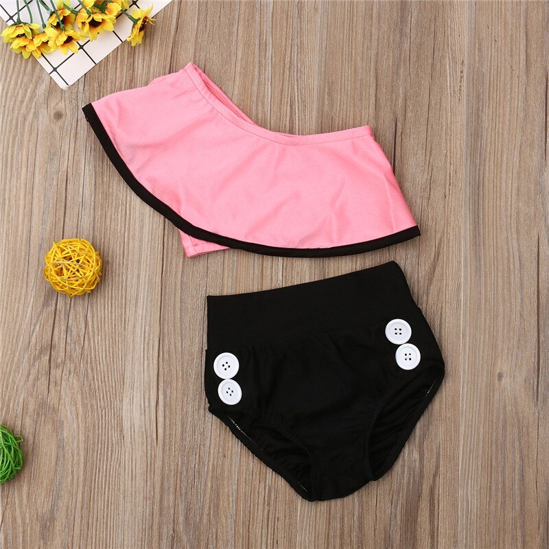 1-6 Years Kids Girls Swimsuit Summer Ruffle Sleeve Bikini 2020 Girls High Waist Swimming Suits Girls Solid One Shoulder Swimwear