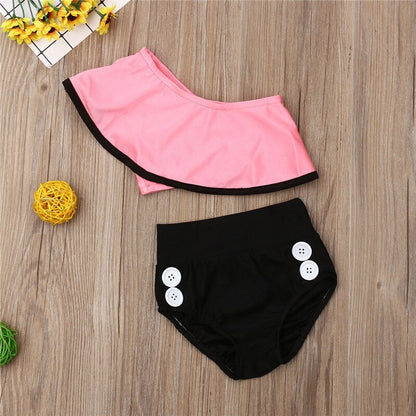 1-6 Years Kids Girls Swimsuit Summer Ruffle Sleeve Bikini 2020 Girls High Waist Swimming Suits Girls Solid One Shoulder Swimwear
