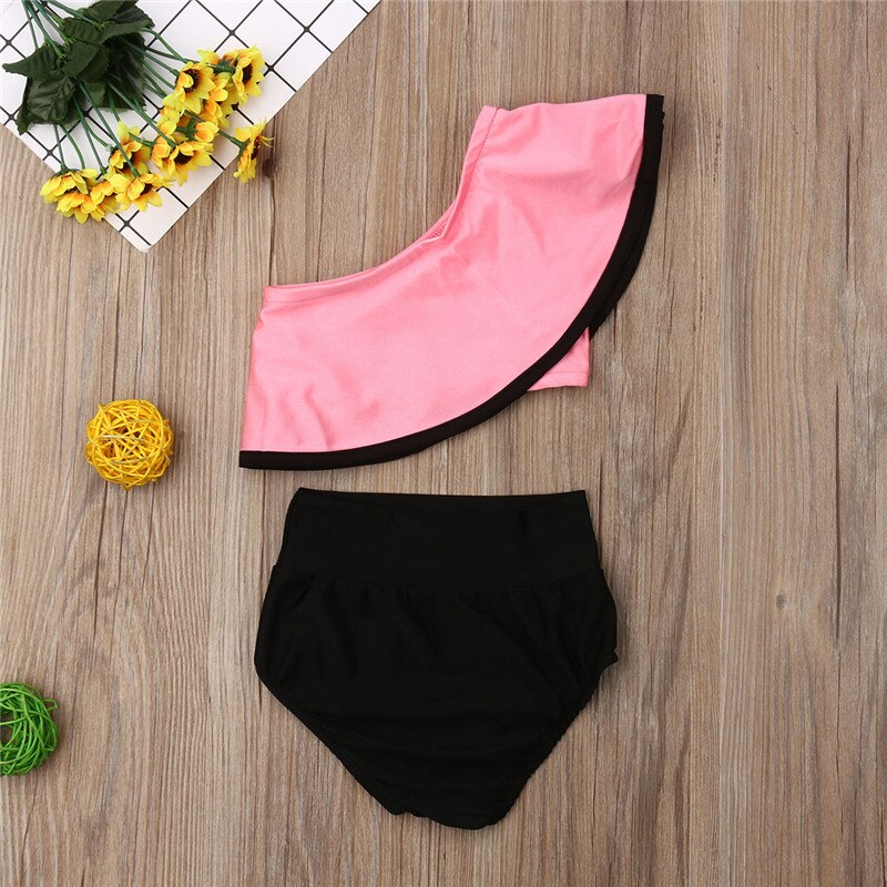 1-6 Years Kids Girls Swimsuit Summer Ruffle Sleeve Bikini 2020 Girls High Waist Swimming Suits Girls Solid One Shoulder Swimwear