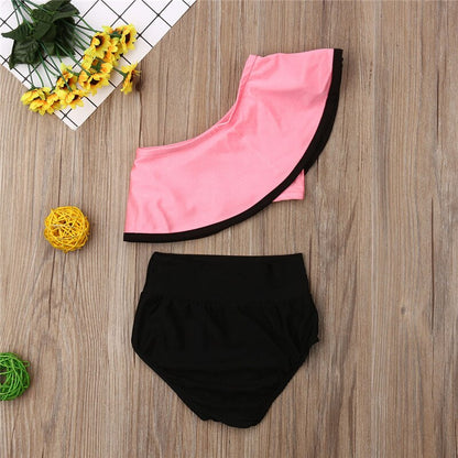 1-6 Years Kids Girls Swimsuit Summer Ruffle Sleeve Bikini 2020 Girls High Waist Swimming Suits Girls Solid One Shoulder Swimwear