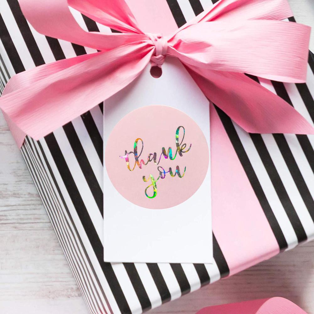 100-500 pcs laser thank you stickers for gift package sealing pink and black labels sticker round adhesive stationery sticker