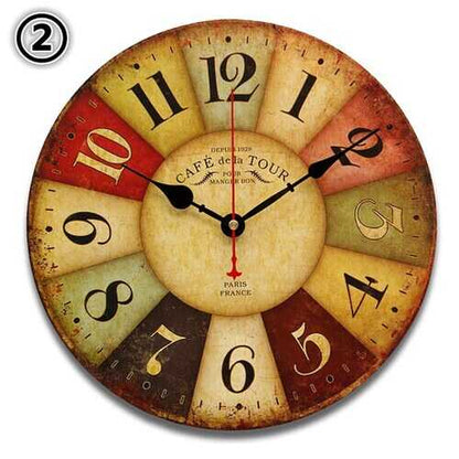 Round Vintage Rustic Wooden Wall Clock Quartz Movement