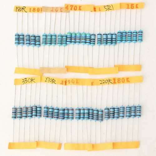 500 Pcs 1W 1% Metal Film Resistor 100 Value 10 ohm-1M ohm Assortment Kit