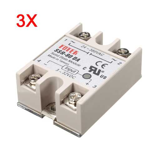 3Pcs 80A SSR-80DA Solid State Relay Module DC To AC 24V-380V Output