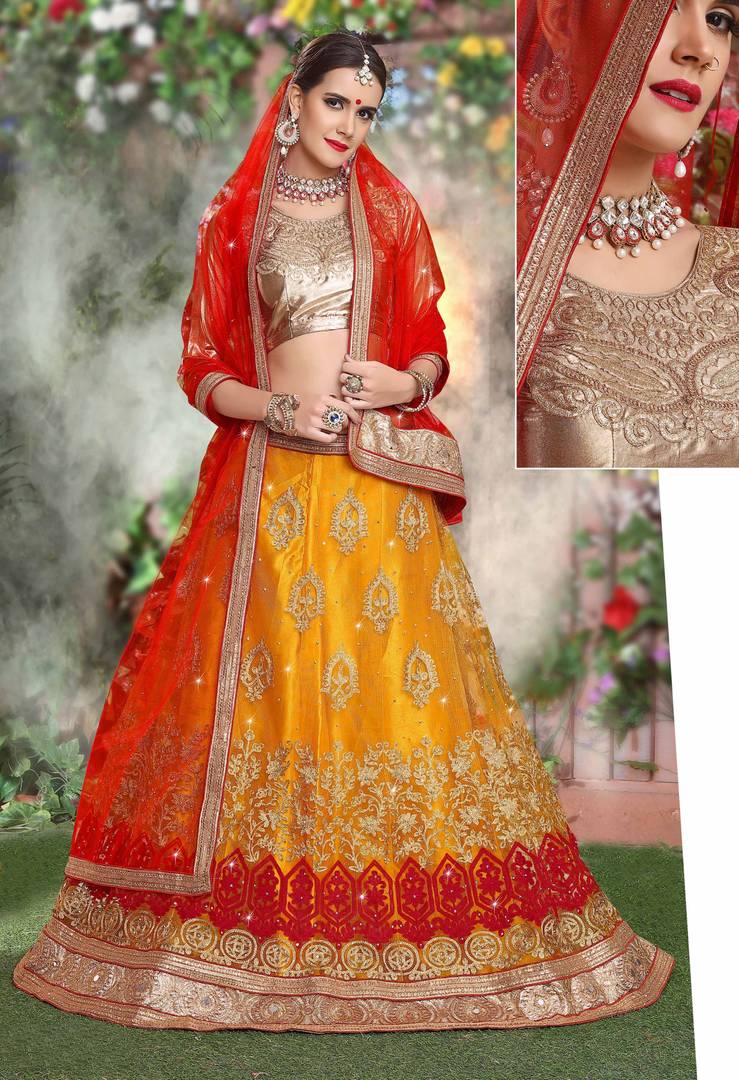 Yellow Embroidered Semi Stitched Lehenga Choli With Dupatta