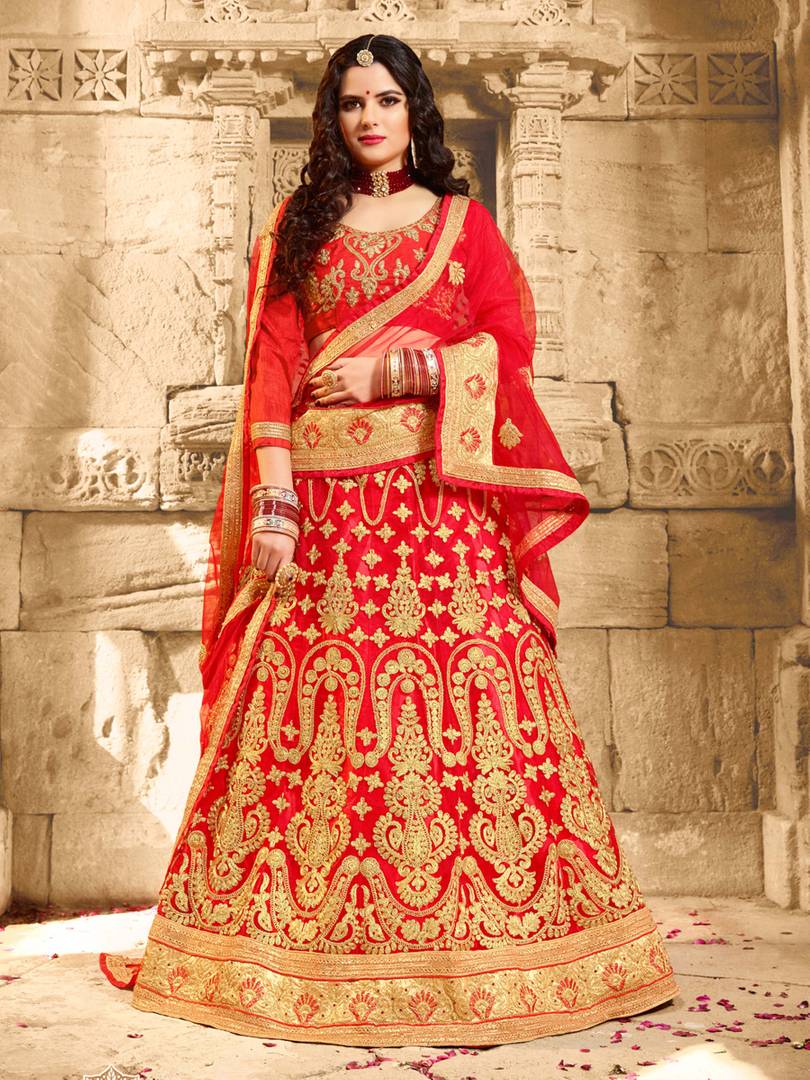 Red Embroidered Semi Stitched Lehenga Choli With Dupatta