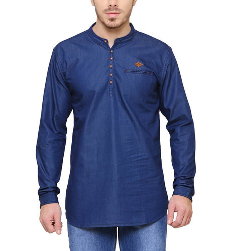 True Blue Denim Cotton Casual Short Kurta for Men