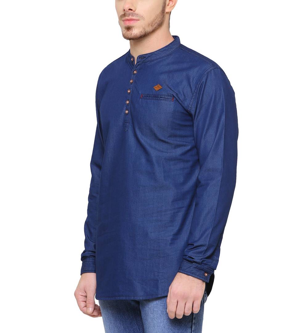True Blue Denim Cotton Casual Short Kurta for Men