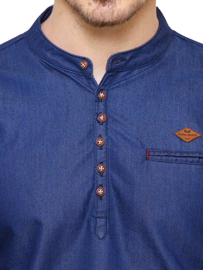 True Blue Denim Cotton Casual Short Kurta for Men