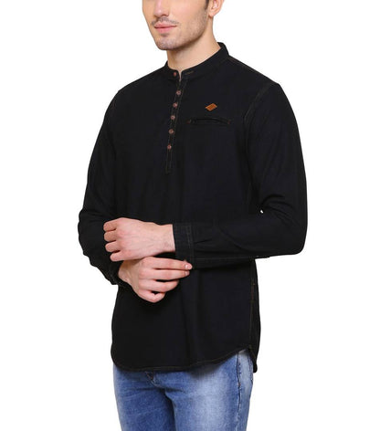 Black Denim Cotton Casual Short Kurta for Men