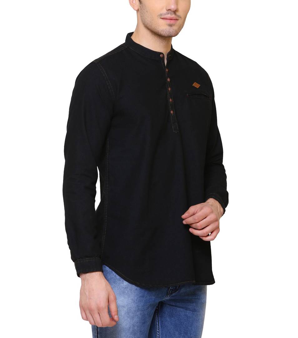 Black Denim Cotton Casual Short Kurta for Men