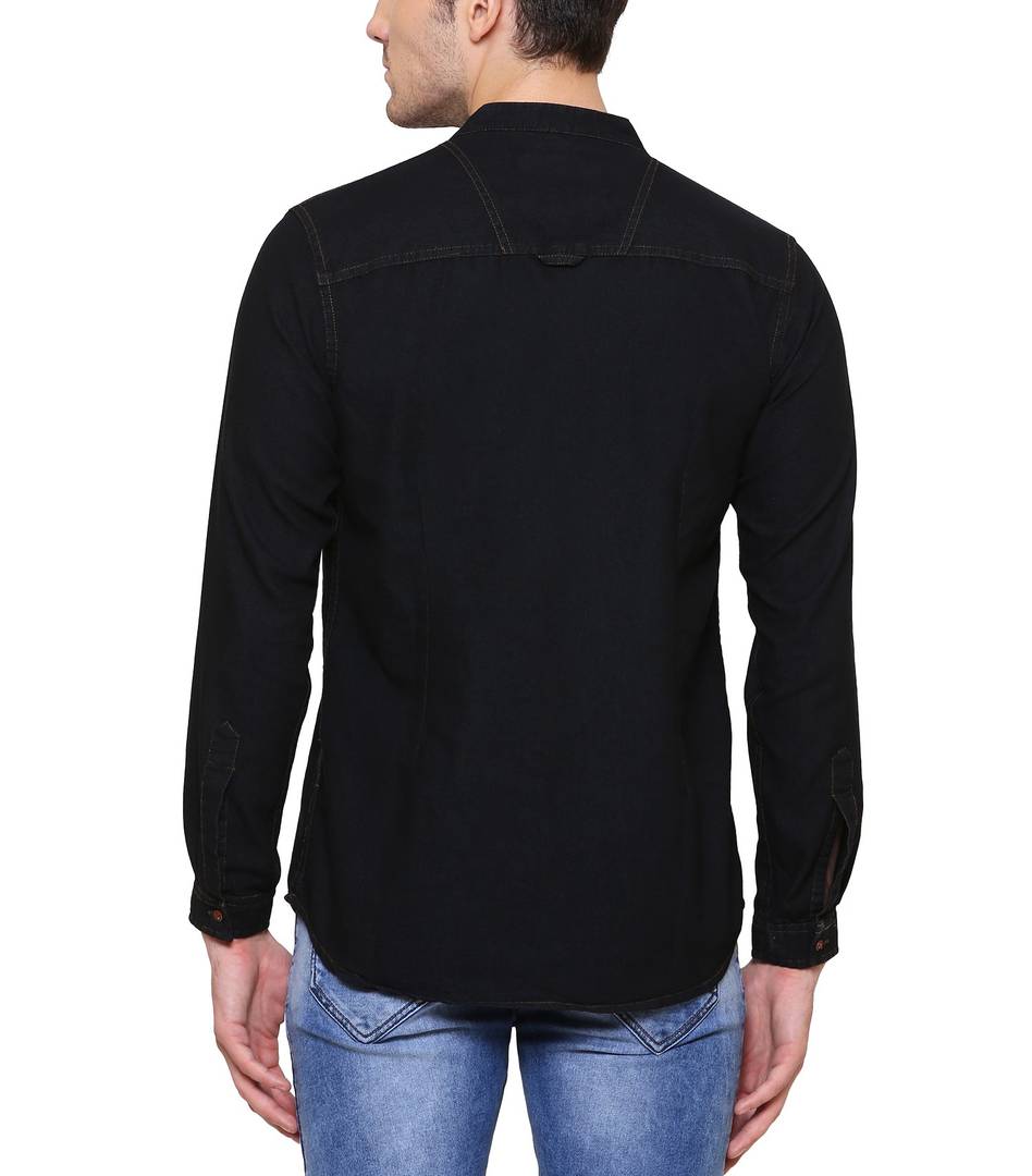 Black Denim Cotton Casual Short Kurta for Men