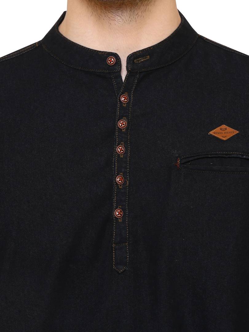 Black Denim Cotton Casual Short Kurta for Men