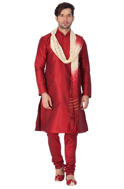 Men's Maroon Cotton Silk Kurta Sets