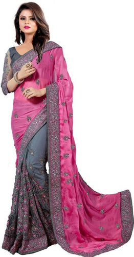 Stylish Multicolored Chiffon Embroidered Saree with Blouse piece