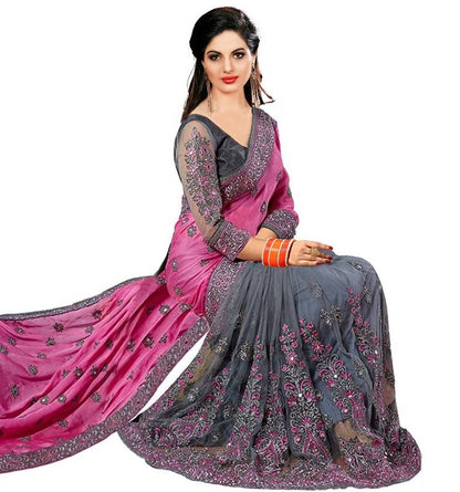 Stylish Multicolored Chiffon Embroidered Saree with Blouse piece