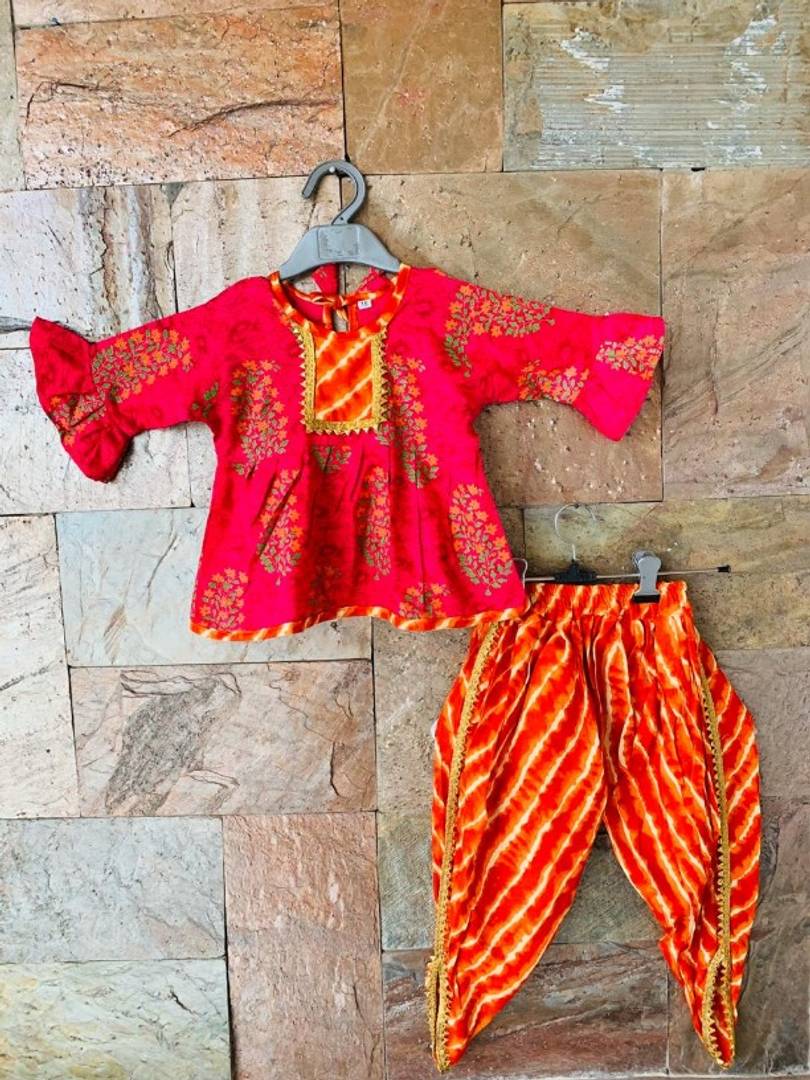 Designer Pink Peplum Orange Dhoti Set For Girls