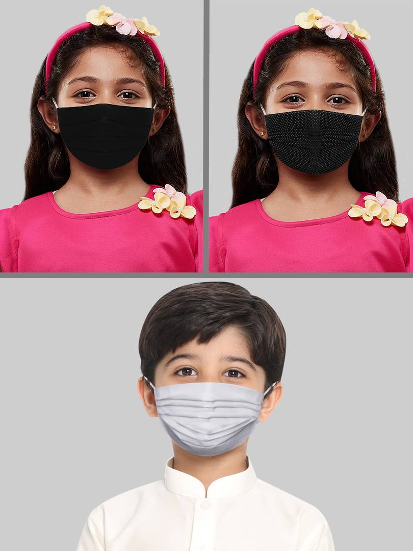 Unisex Kids Essential Solid and Polka Dot Printed Reusable Anti-Pollution Comfortable Half Face, Ear Loop Cotton Wellness Masks  (Medium Size) - Pack of 3