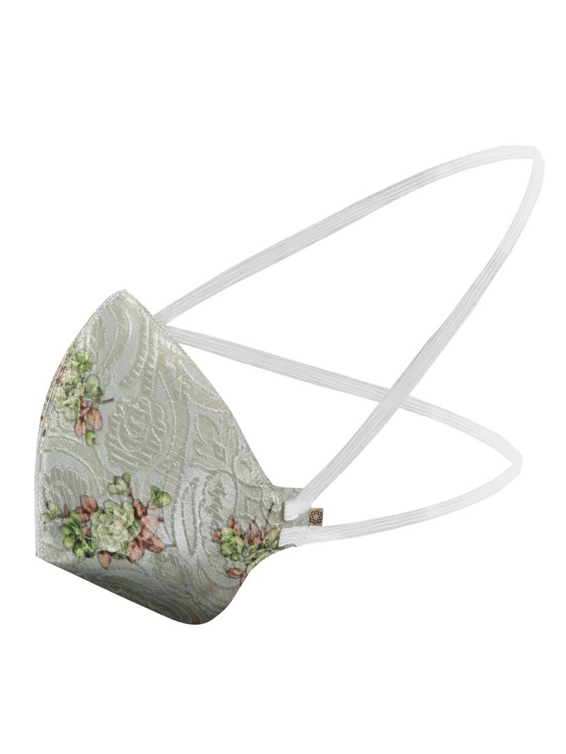 Vastramay Unisex 3 -Ply Floral Print on Embroidered Base Reusable Anti-Pollution, Comfortable Large Coverage with Head Band Wellness Masks In Green - Pack Of 1