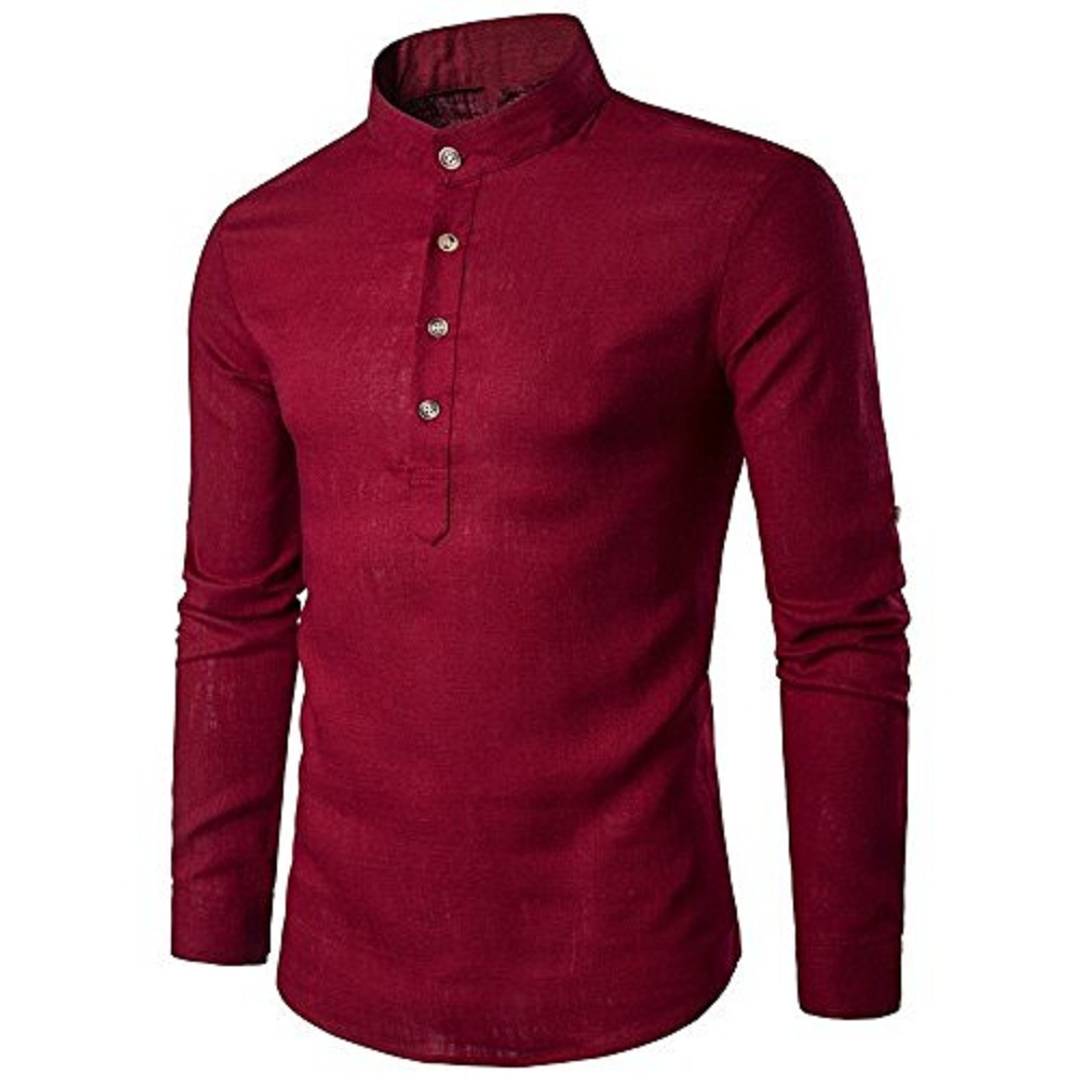 Stylish Cotton Maroon Solid Full Sleeves Short Kurta For Men