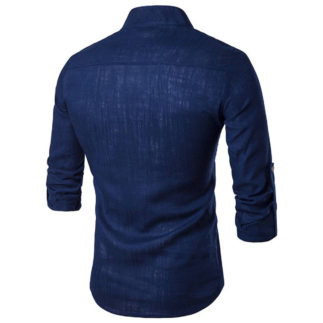 Stylish Cotton Navy Blue Solid Full Sleeves Short Kurta For Men