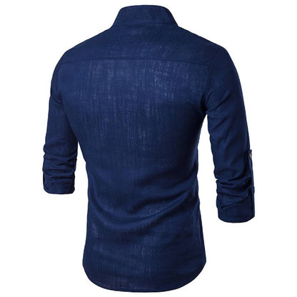 Stylish Cotton Navy Blue Solid Full Sleeves Short Kurta For Men