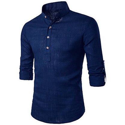Stylish Cotton Navy Blue Solid Full Sleeves Short Kurta For Men