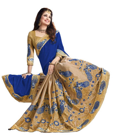 Beautiful Silk Blend Embroidered Saree with Blouse piece