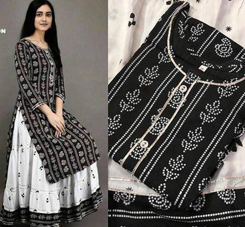 Stylish Rayon Bandhej Printed Kurta With Skirt Set