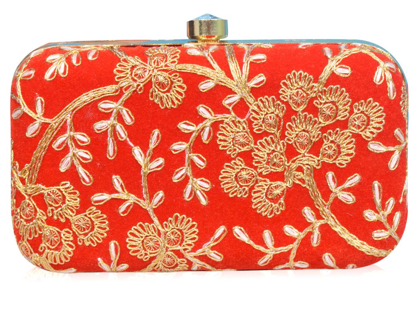 Trendy Velvet Party Wear Bridal Box Clutch With Metal Sling Chain